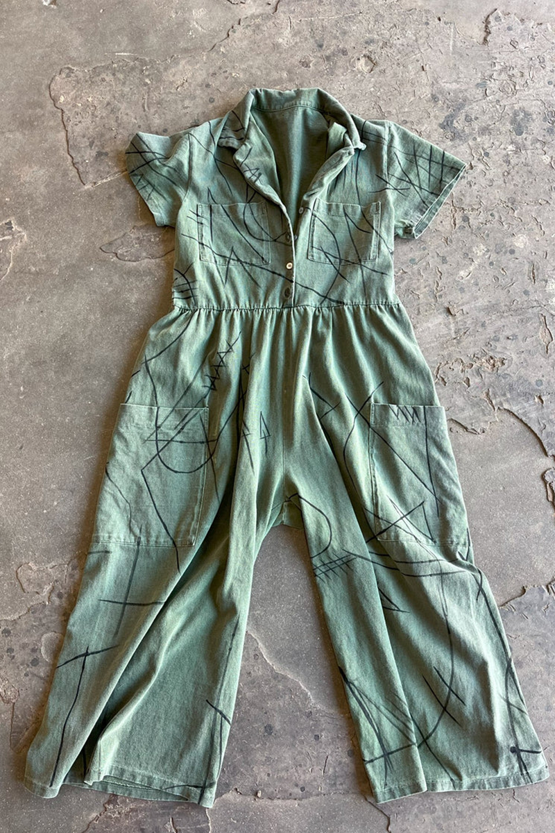 Artisan Hand-Painted Abstract Sage Jumpsuit