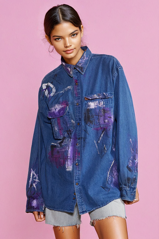 Artisan Hand-Painted Midnight Muse Denim Shirt